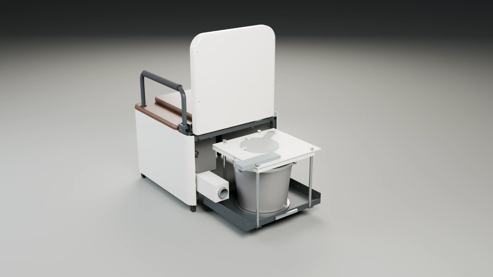 CAD visualization of the solids cassette withdrawn from the rear of the chair.