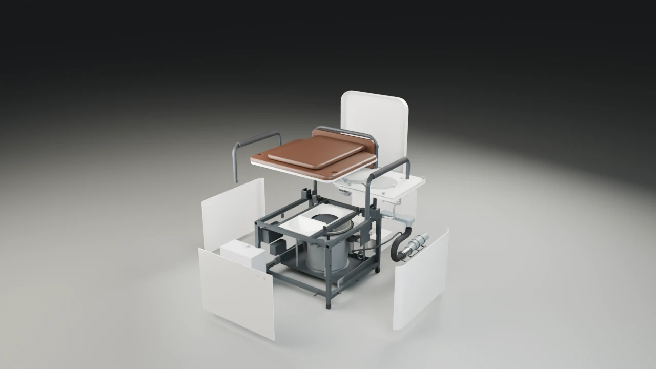 Exploded CAD view of the chair with its major assemblies separated.