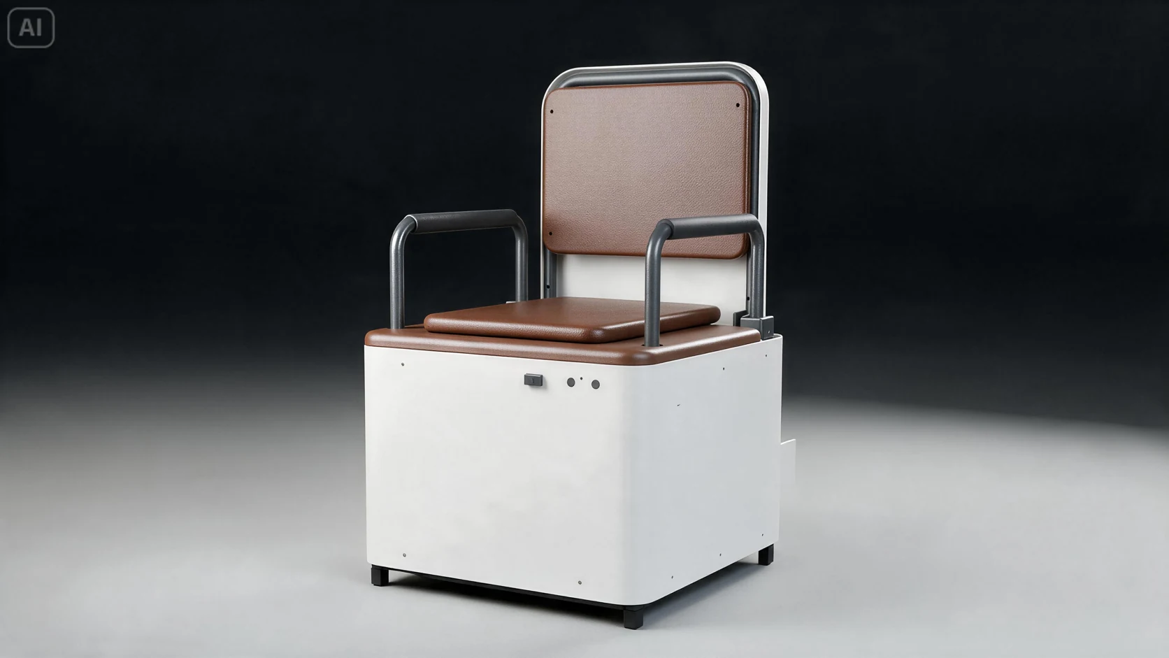 Appearance visualization of the brown upholstered Dignify Life toilet chair with armrests and two front switches.