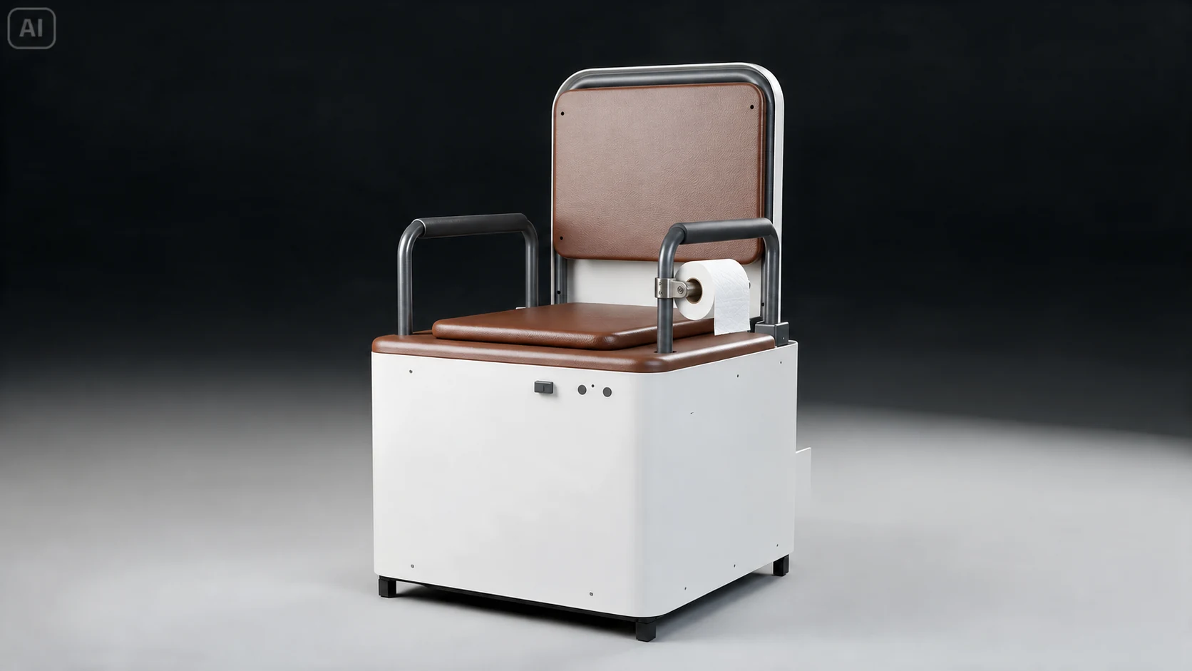 AI concept showing a toilet-paper roll on a stainless clamp-mounted holder beside the chair's right armrest in this view.