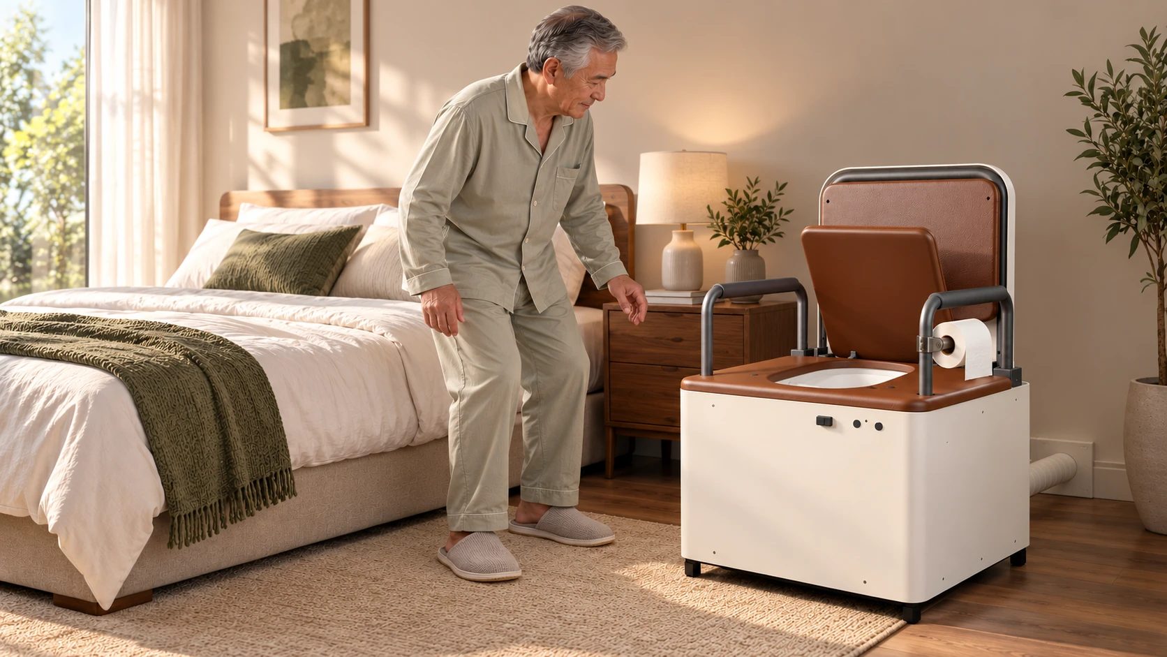Staged room reference showing the man standing beside the chair with its lid open.