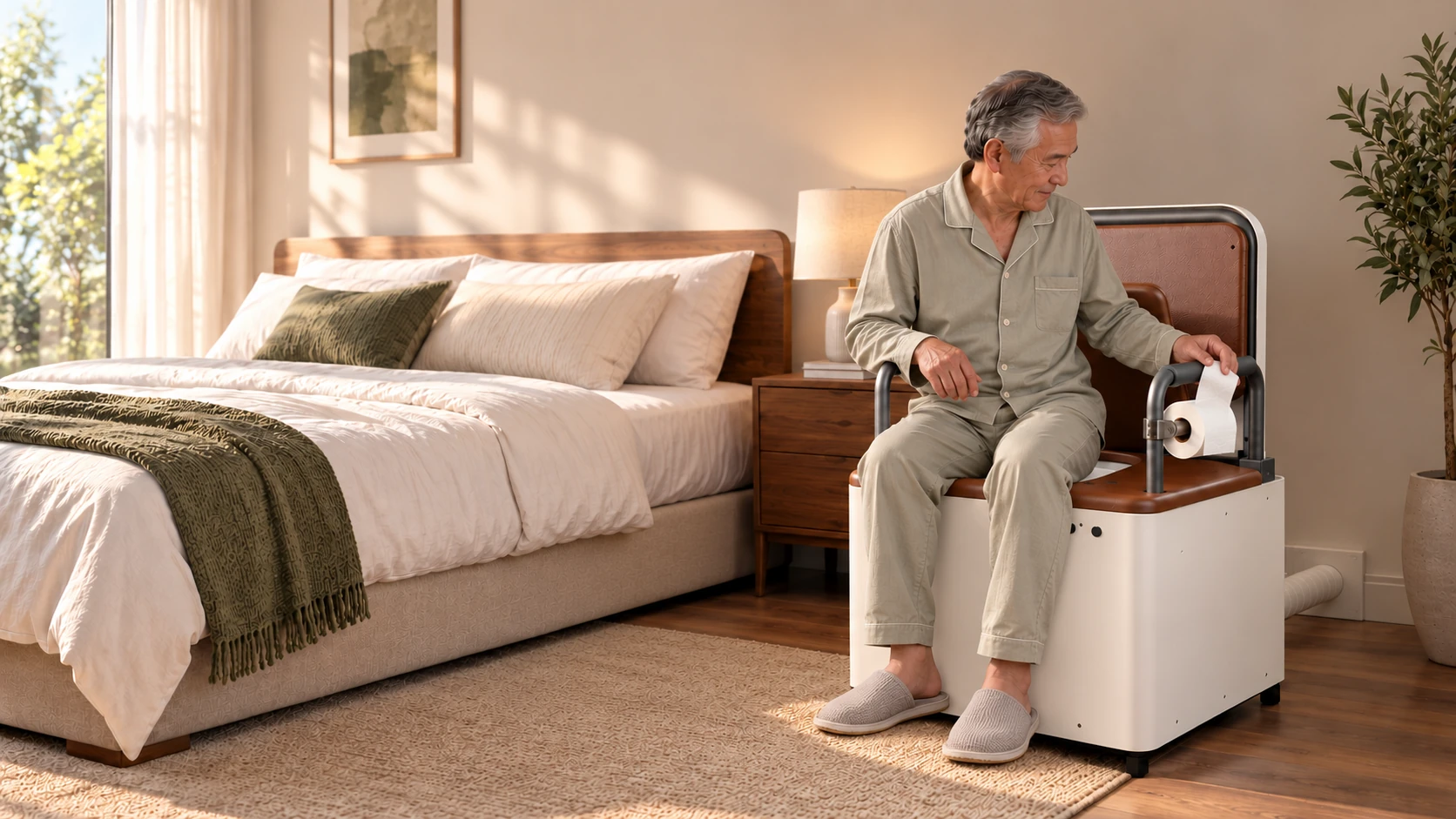Staged room reference showing the fully clothed man seated and holding a short strip of toilet paper.